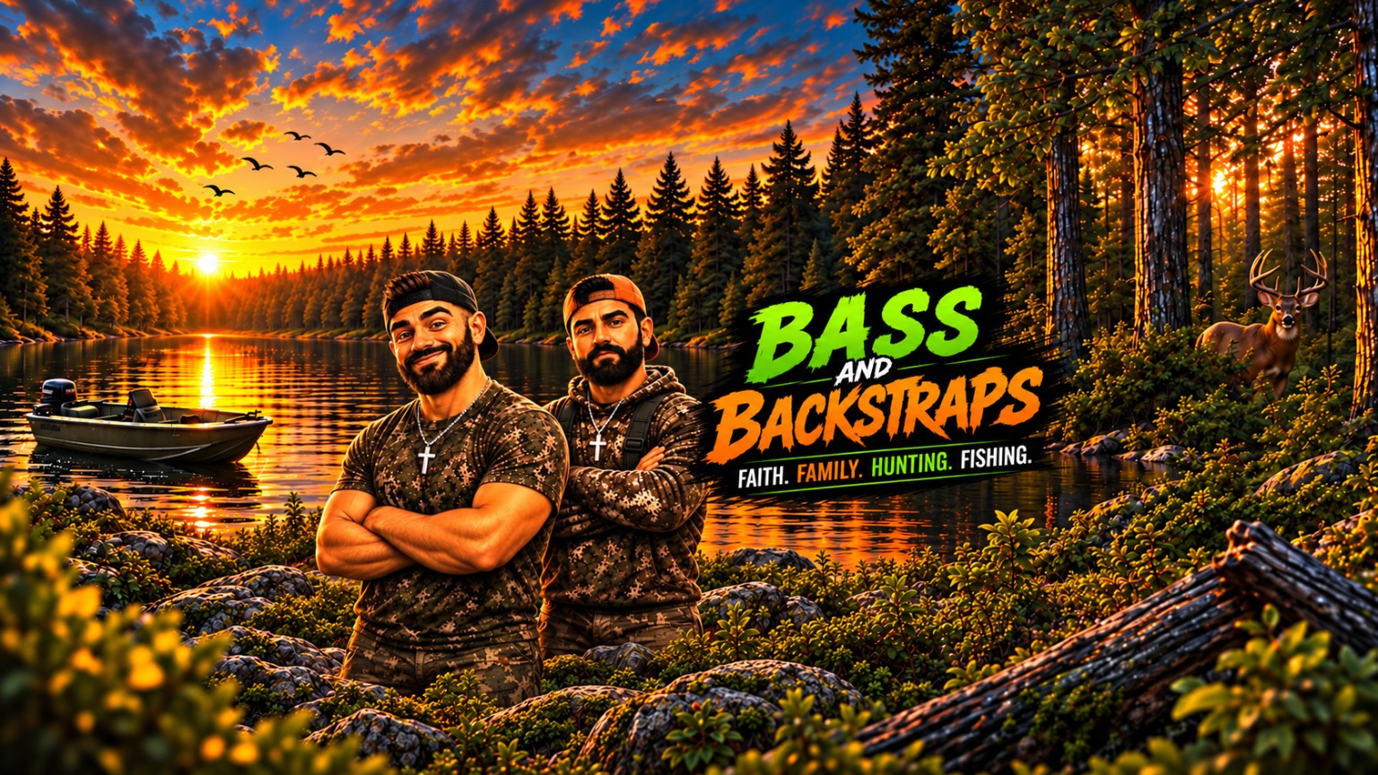 Jacob and Erick wearing camouflage and cross necklaces beside a sunset lake, bass boat, and whitetail buck. Bass and Backstraps. Faith. Family. Hunting. Fishing.